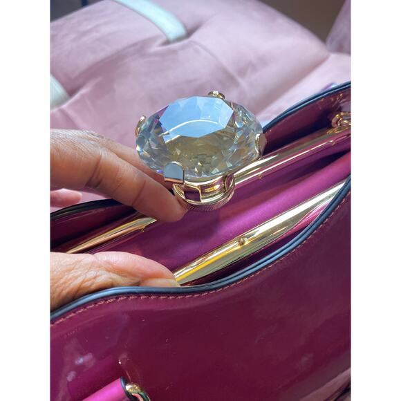 Le Miel Purple Glossy Patent Leather Faux Diamond 2-n-1 2x Handle Handbag RARE - Picture 3 of 16